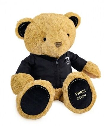 Ours en peluche marron Paris 2024 avec veste noire zippée - 40 cm 1