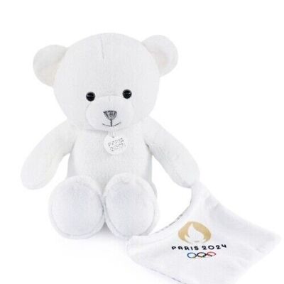 Ours en peluche blanc avec doudou Paris 2024 - 25 cm