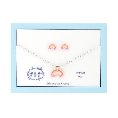 Bijoux enfants filles- Coffret enfants boucles d'oreilles et collier argent 925 Arc-en-ciel