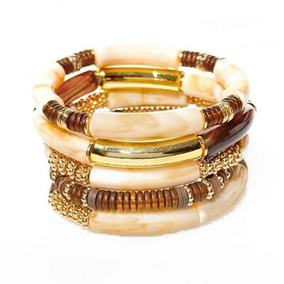 Lot of resin tube bracelets on elastic - Beige and Brown