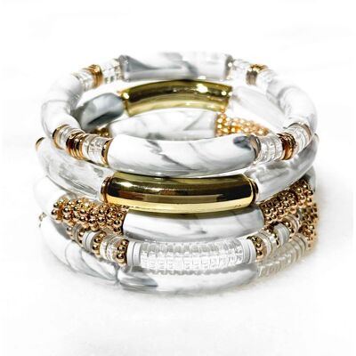 Set of resin tube bracelets on elastic - Marble effect color