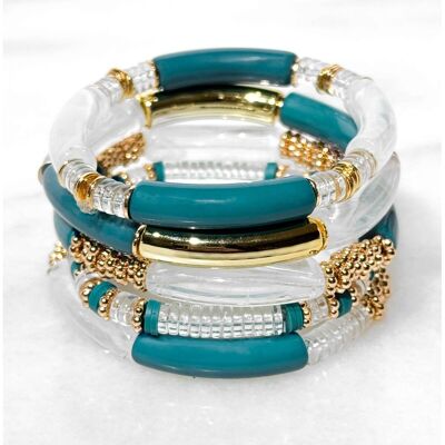 Set of resin tube bracelets on elastic - Duck blue
