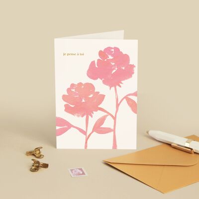 Card "I'm thinking of you" Roses - Love / I love you - Message in French - Greeting Card