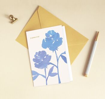 Carte "Je pense à toi" Roses Bleues - Amour / Pensées / Je t'aime - Message en français - Carte de Voeux 2