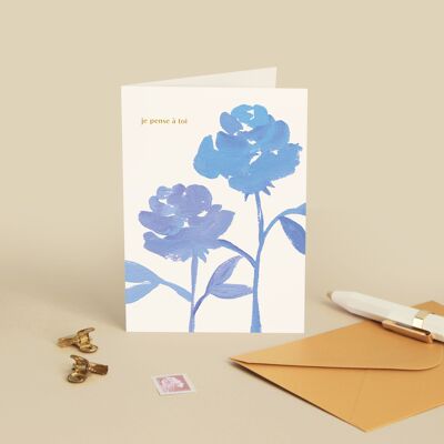 Carte "Je pense à toi" Roses Bleues - Amour / Pensées / Je t'aime - Message en français - Carte de Voeux