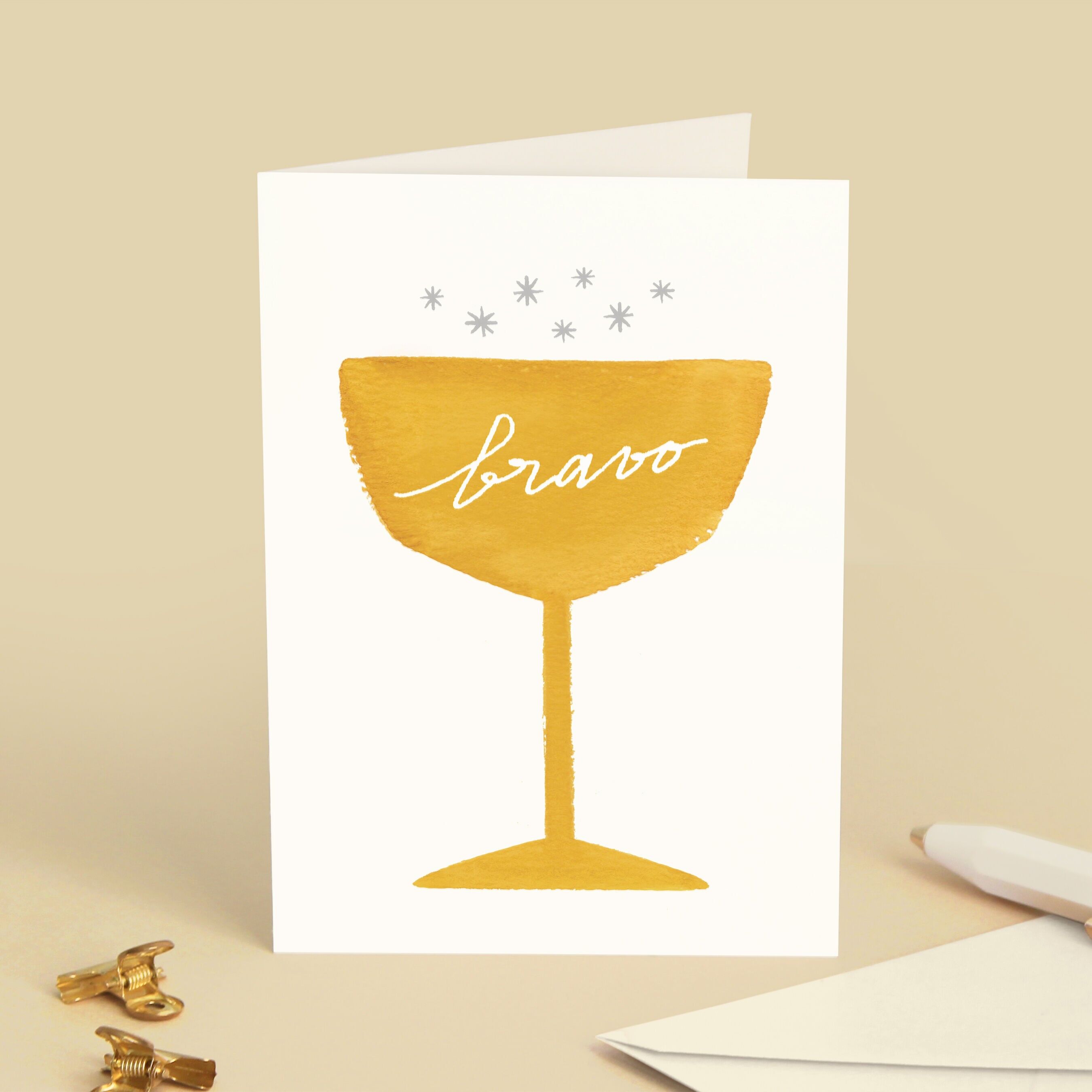 Biglietto d'auguri "Bravo" con bicchiere di champagne dorato - Cocktail / Congratulazioni / Compleanno - Messaggio in francese