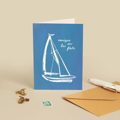 Segelbootkarte „Segeln auf den Wellen“ – Abenteuer/Neuanfang/Segeln – Nachricht auf Französisch – Grußkarte
