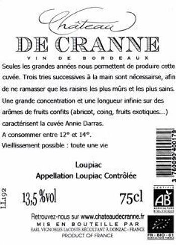 Vin Blanc liquoreux Bio Loupiac 2019 "Château de Cranne" 3