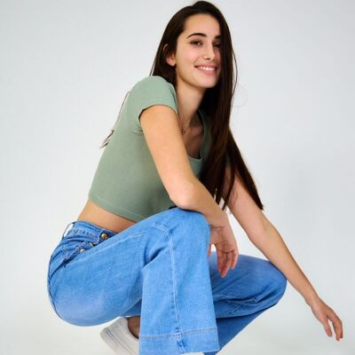 Damen-Jeans mit weitem Bein – „Louisa“ – Hellblau (Knopfverschluss)