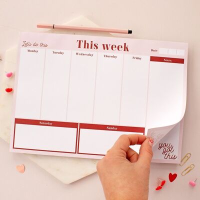 Schreibtischunterlage „Diese Woche“ im A4-Format in Rot und Rosa