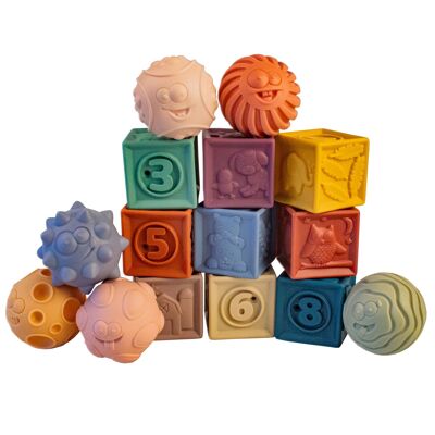 Set cubes et balles tactiles en silicone 15 pces