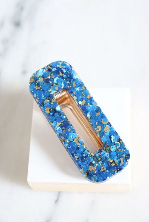 Barrette rectangle paillettes bleues et or