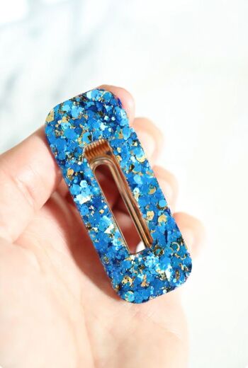 Barrette rectangle paillettes bleues et or 4