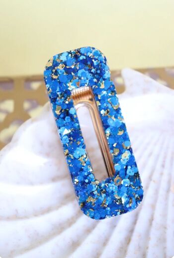 Barrette rectangle paillettes bleues et or 5