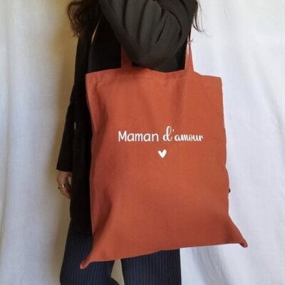Terrakotta-Einkaufstasche mit der Aufschrift „liebende Mutter“.