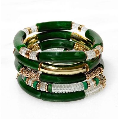 Set of resin tube bracelets on elastic - Dark green