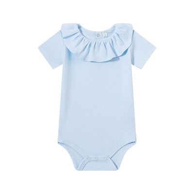 Light blue ruffled neck baby bodysuit