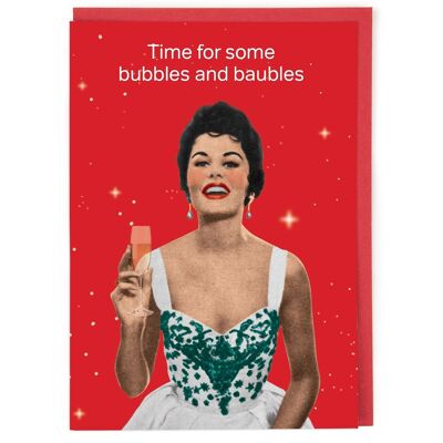 Tarjeta navideña de burbujas y adornos