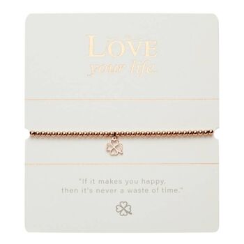 Bracelet boule-"Love Your Life"-Rosegold Pl.-Feuille de trèfle 1