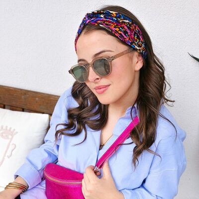 Headband FRIDA / polyester imprimé abstrait rose et bleu