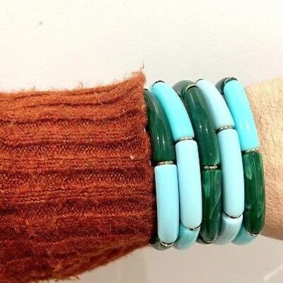 Bracelet élastique résine acétate tube épaisseur 0,5 cm turquoise et vert