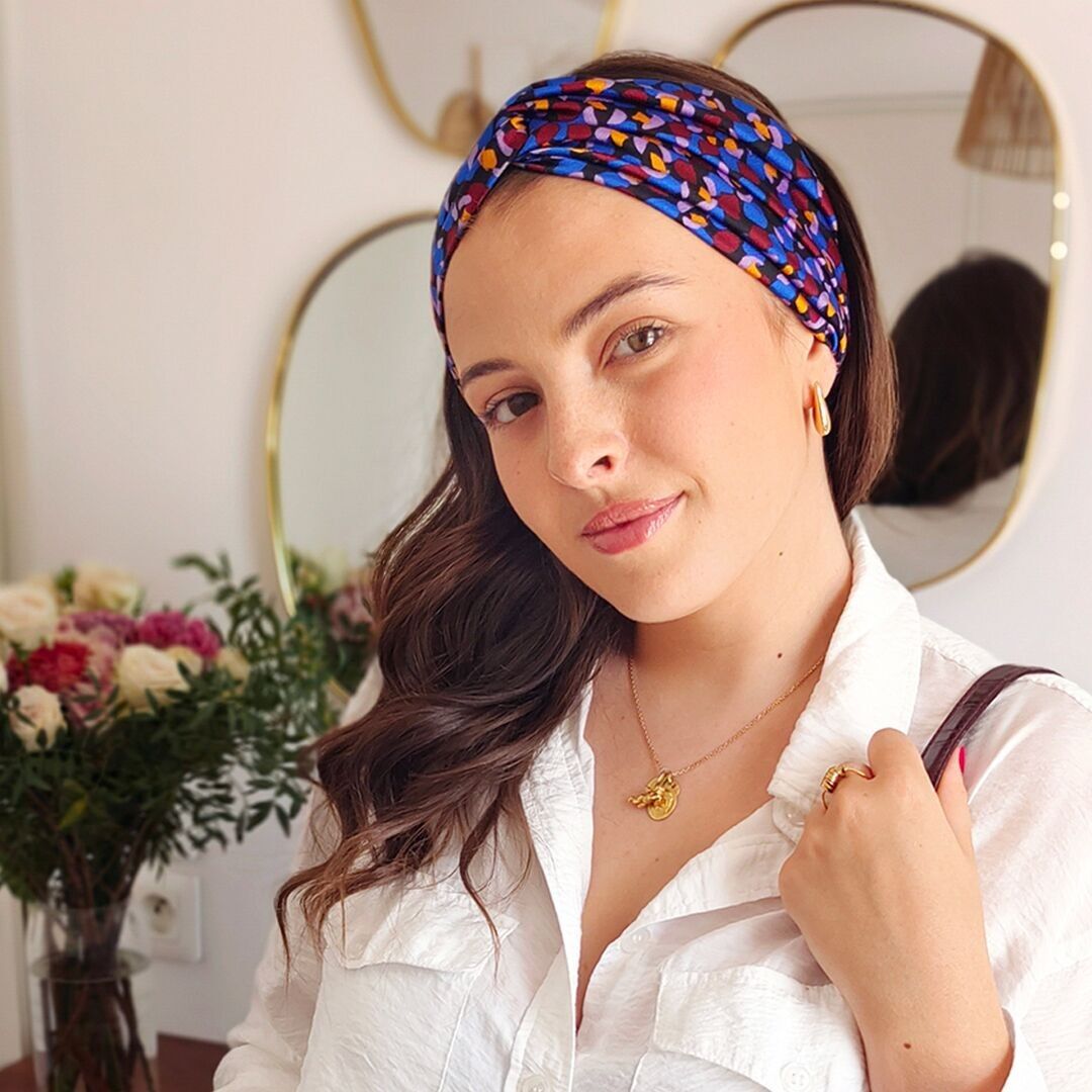 Fascia per capelli MONICA / poliestere con stampa a pois bordeaux e blu