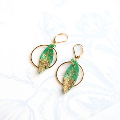 Mint green leather feather hoop earrings