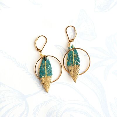 Duck blue-green leather feather hoop earrings