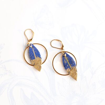 Royal blue leather feather hoop earrings