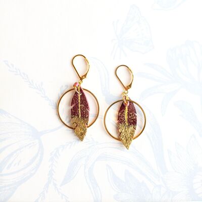 Burgundy red leather feather hoop earrings