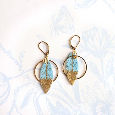 Feather hoop earrings in azurin blue leather