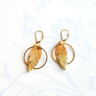 Feather hoop earrings in aurora yellow leather