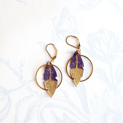 Zinzolin purple leather feather hoop earrings