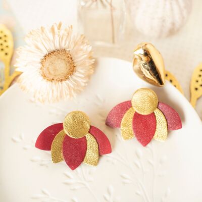 Large Lotus Flower stud earrings - Bordeaux red and gold