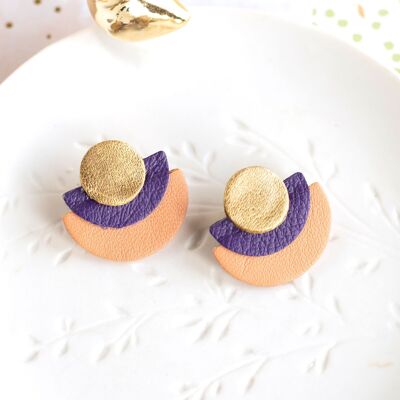 Half circle gold leather earrings purple light orange