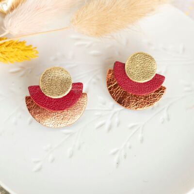 Half circle gold, red, copper red leather stud earrings