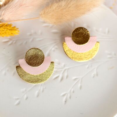 Half-circle gold and light pink leather stud earrings
