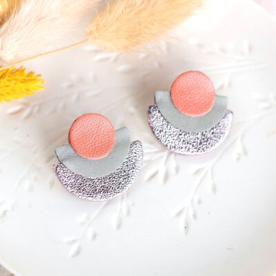 Half-circle stud earrings in crimson pink, gray and silver leather