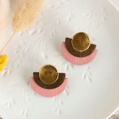 Gold, bronze, pink leather half circle stud earrings