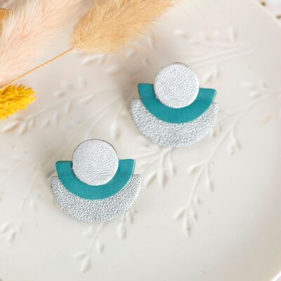Silver leather and duck blue half-circle stud earrings