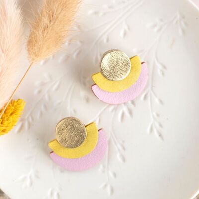 Half circle gold, yellow, pink leather stud earrings