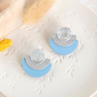 Half-circle silver and sky blue leather stud earrings