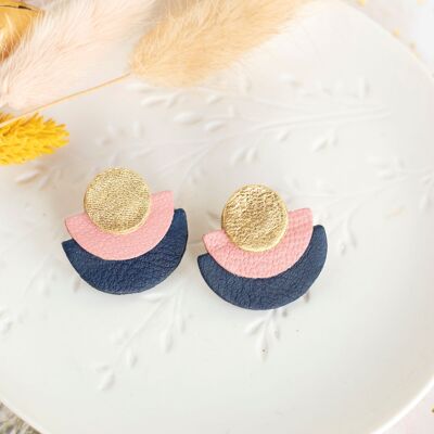 Half circle gold, pink, navy blue leather stud earrings