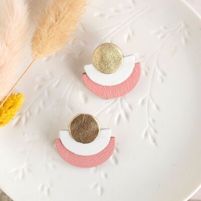 Half-circle gold, white and pink leather stud earrings