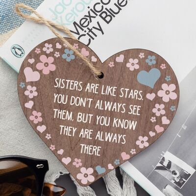 „Schwestern sind wie Sterne“-Herz aus Holz als Dankeschön zum Geburtstag als Geschenk für die beste Freundin