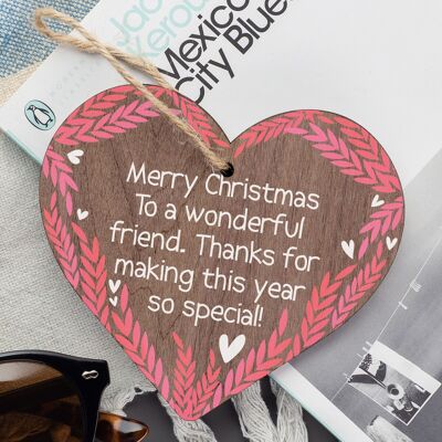 Christmas Friendship Friend Thank You Gift Wood Hanging Heart Bauble Decoration
