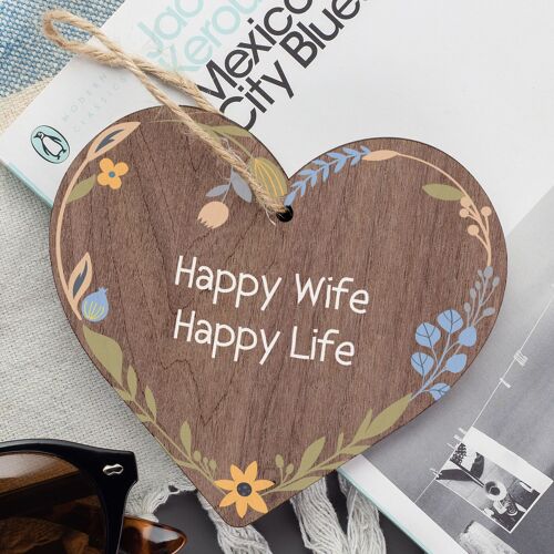 Happy Wife Happy Life Novelty Wooden Hanging Heart Love Plaque Anniversary Gift