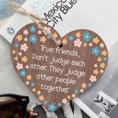 True Friends Judge Together Novelty Wooden Hanging Heart Plaque Friendship Gift