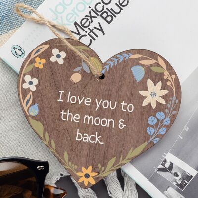 Targa in legno da appendere "Ti amo fino alla luna e ritorno", regalo d'amore, cartello dell'amicizia