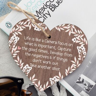 Life is Like A Camera Plaque Gift Wood Heart Motivational Friend Colleague Signs